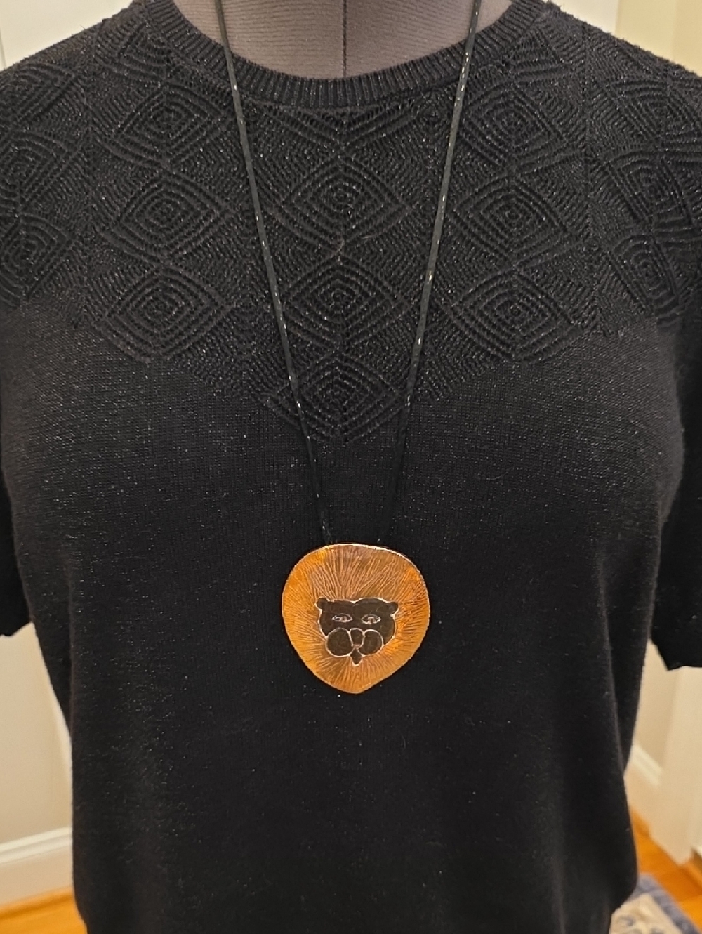 Handmade Clay Lion Statement Pendant Necklace - Black and Tan